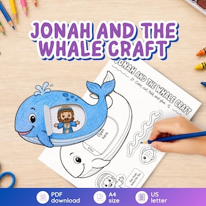 K&ouml;nnte beinhalten: Ein Bastelbogen mit dem Titel Jonah and the Whale Craft, der eine Illustration eines blauen Wals mit einer aufklappbaren Lasche zeigt, hinter der sich eine Figur befindet. Das Blatt enth&auml;lt Vorlagen zum Ausmalen, Ausschneiden, Falten und Kleben.