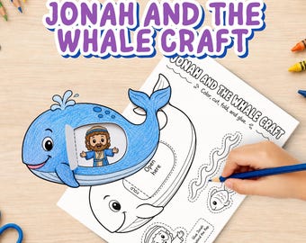May include: A paper craft activity sheet titled Jonah and the Whale Craft featuring a blue whale illustration with a flap that opens to reveal a character inside. The sheet includes outlines for coloring, cutting, folding, and gluing, with text instructions.