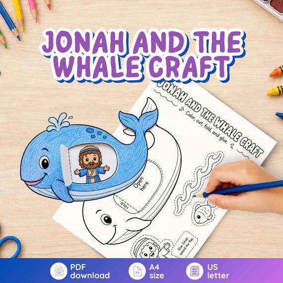Jonah and the Whale Craft, Bible Craft for Kids, Sunday School Printable, Christian Preschool Activity