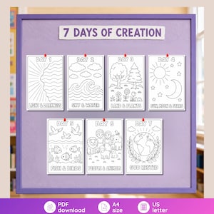 Pode incluir: Um conjunto de sete páginas para colorir em preto e branco intituladas 7 Days of Creation, exibidas em um quadro roxo. Cada página retrata um dia da criação com rótulos como Light & Darkness, Sky & Water, Land & Plants, Sun, Moon & Stars, Fish & Birds, People & Animals e God Rested.