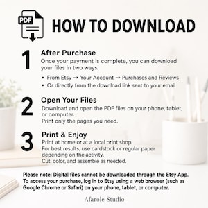 K&ouml;nnte beinhalten: Eine digitale Anleitung mit dem Titel HOW TO DOWNLOAD und einem PDF-Symbol. Sie beschreibt drei Schritte: After Purchase, Open Your Files und Print & Enjoy. Ein Hinweis besagt, dass digitale Dateien nicht &uuml;ber die Etsy-App geladen werden k&ouml;nnen.