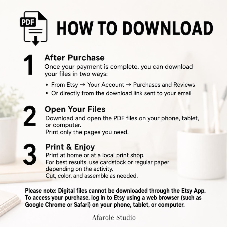 K&ouml;nnte beinhalten: Eine digitale Anleitung mit dem Titel HOW TO DOWNLOAD und einem PDF-Symbol. Sie beschreibt drei Schritte: After Purchase, Open Your Files und Print & Enjoy. Ein Hinweis besagt, dass digitale Dateien nicht &uuml;ber die Etsy-App geladen werden k&ouml;nnen.