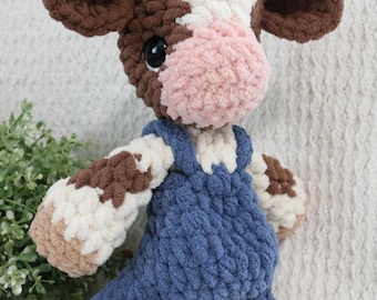 READY TO SHIP Handmade Crochet Cow Snuggler in Overalls - Soft Blanket Yarn