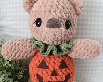 READY TO SHIP Handmade Crochet Pumpkin Bear - Soft Blanket Yarn