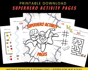 May include: Printable superhero activity pages for kids. The pages include a maze, a connect the dots activity, a scissor skills activity, and a tracing activity. The pages are designed for letter size paper, 8.5 inches by 11.5 inches.