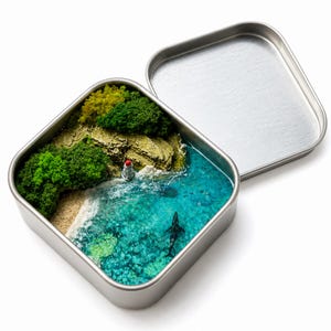 Handgemaakte oceaandiorama in blikken doos, hars miniatuur zeegezicht, zak strandlandschap, kleine kustkunst, uniek cadeau voor oceaanliefhebbers