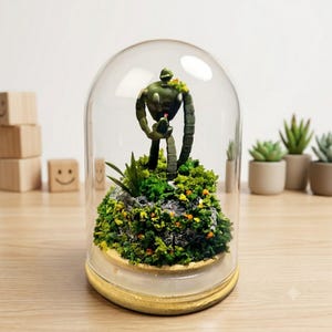 May include: A glass cloche containing a miniature green robot figure standing on a mossy, rocky base with small yellow flowers. The robot has a rounded head and segmented arms, positioned within a clear dome on a circular wooden base.