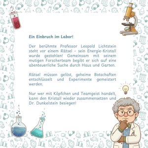 May include: A whimsical illustration with a lab theme. The image features cartoon elements like beakers, a microscope, and a thoughtful scientist. Text in German reads "Ein Einbruch im Labor!" (A Break-in at the Lab!)