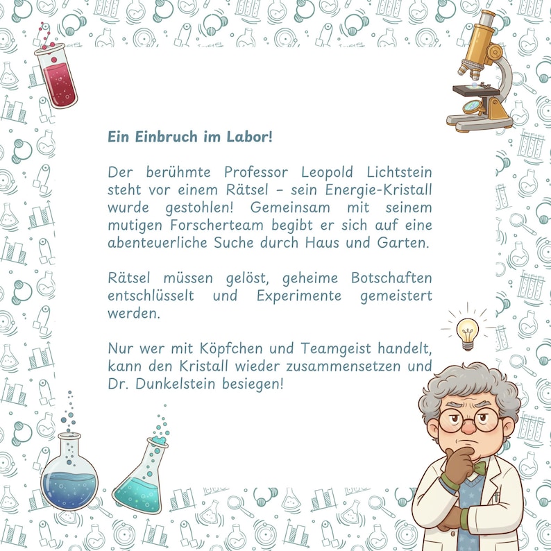 May include: A whimsical illustration with a lab theme. The image features cartoon elements like beakers, a microscope, and a thoughtful scientist. Text in German reads "Ein Einbruch im Labor!" (A Break-in at the Lab!)