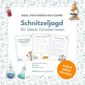 Könnte beinhalten: Ein druckbares Spiel zum Thema Wissenschaft mit dem Titel "Schnitzeljagd" für Kinder ab 8 Jahren. Das Bild zeigt Illustrationen von Laborgeräten und Spielseiten. Das Spiel beinhaltet eine Geschichte, Rätsel und Experimente. Der Text "Sofort selbst drucken" ist ebenfalls sichtbar.
