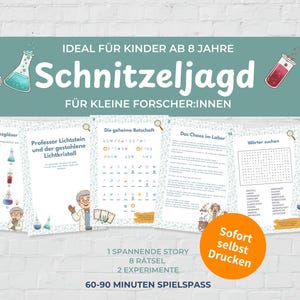 Puede incluir: Un kit de juego de búsqueda del tesoro imprimible para niños con hojas de actividades de temática científica. Las páginas incluyen ilustraciones de equipos de laboratorio, un profesor de dibujos animados, sopas de letras y códigos secretos.