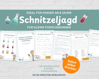 May include: A printable scavenger hunt game kit for children featuring science-themed activity sheets. The pages include illustrations of laboratory equipment, a cartoon professor, word puzzles, and secret codes with German text throughout the documents.