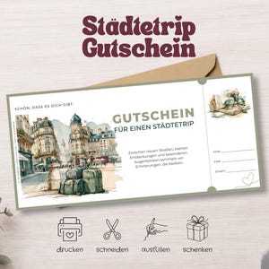May include: A rectangular gift voucher for a city trip featuring a watercolor illustration of a European street scene with luggage. The text reads Städtetrip Gutschein, Gutschein für einen Städtetrip, and includes fields for sender, recipient, and city.