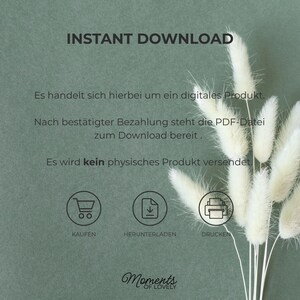 May include: A digital product announcement with the text "INSTANT DOWNLOAD" in bold, black letters. The text below explains the digital nature of the product and the download process. The image includes icons for buying, downloading, and printing, along with the "Moments of Lovely" logo.