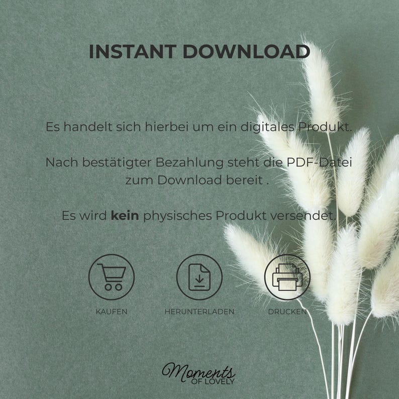 May include: A digital product announcement with the text "INSTANT DOWNLOAD" in bold, black letters. The text below explains the digital nature of the product and the download process. The image includes icons for buying, downloading, and printing, along with the "Moments of Lovely" logo.