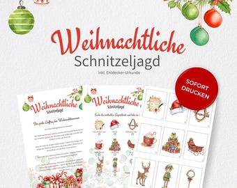 Indoor Christmas scavenger hunt for children, treasure hunt, printable PDF games, Christmas game for children, ages 4-8