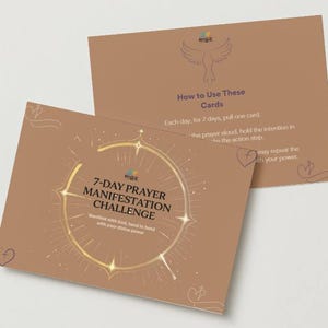 May include: Two brown cards with gold text and accents. One card reads "7-DAY PRAYER MANIFESTATION CHALLENGE" and the other reads "How to Use These Cards." Both cards have a logo and decorative elements.