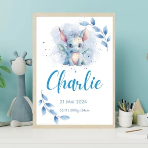 Regalo de nacimiento - Póster personalizado de nacimiento - Regalo de bautizo - Diseño de dragón - Decoración imaginativa para habitación infantil - Regalo para bebé