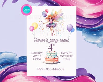 May include: A purple and white birthday invitation with a fairy illustration, balloons, and a cake. The text reads "Sarah's fairy-tastic 4th", "Saturday May 12 1:30PM", "Party St Anywhere 12345", and "RSVP 333-444-555".
