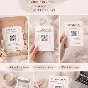 Op de afbeelding: Een digitale bedankkaart sjabloon met de tekst "Thank You" en "Card Template". De kaart bevat instructies om een QR-code te scannen voor korting. De afbeelding toont de kaart in verschillende omgevingen, waaronder een telefoon en afgedrukte exemplaren.