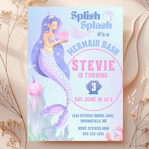 Mermaid Birthday Invitation, Mermaid Bash Under the Sea Birthday Invite, Mermaid Invites, Editable Canva invite, Girl Birthday Summer