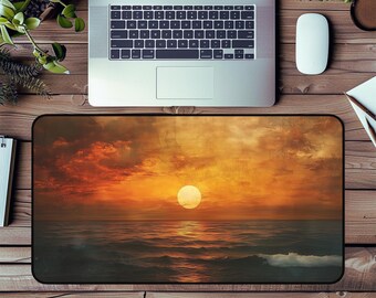 Alfombrilla de escritorio con vista al océano y puesta de sol, decoración serena para la oficina en casa.