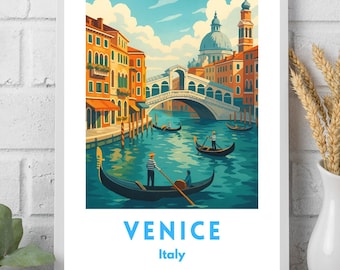 May include: A framed art print featuring a stylized illustration of Venice, Italy. The image depicts gondolas on a canal, a bridge, and colorful buildings. The word "VENICE" and the country "Italy" are printed in blue.