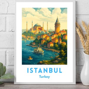 Istanbul Turkey Digital Download Poster | Hagia Sophia & Galata Tower Wall Art | Vintage Istanbul Printable | Bosphorus Travel Decor