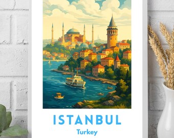 Póster de viaje a Estambul: Santa Sofía y la Torre de Gálata (descarga digital)