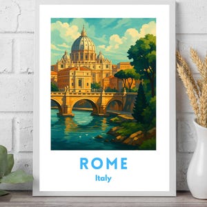 Rome Italy Digital Download Poster | St. Peter’s Basilica & Tiber River Wall Art | Vintage Rome Printable Travel Illustration