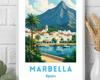 Póster de viaje de Marbella, España: Arte costero mediterráneo vintage (Descarga digital)