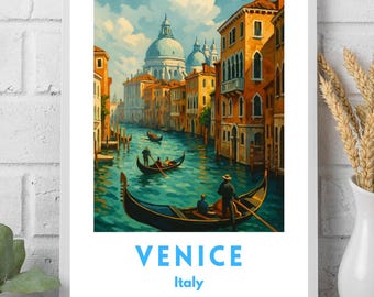 May include: A framed art print of Venice, Italy, featuring a canal scene with gondolas and buildings in warm tones. The print has the word "VENICE" in blue text, with "Italy" below it.