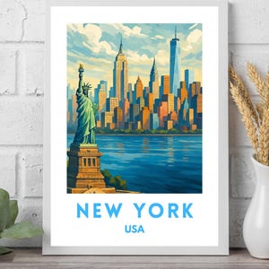 New York City Digital Download Poster | NYC Wall Art Printable | Statue of Liberty & Skyline Print | Modern Travel Poster | New York Home