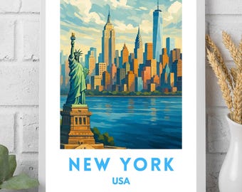 NYC Skyline & Statue of Liberty Print: Modern Travel Poster (Digital Download)