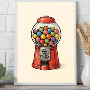 Vintage Gumball Machine Printable – Retro Candy Wall Art, Colourful Digital Download Poster for Kitchen or Playroom Decor