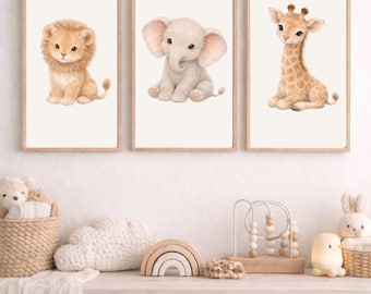 Safari Nursery Wall Art Printable | Jungle Animal Nursery Prints | Neutral Baby Room Decor