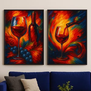 Stampe astratte di vino - Set di 2, download digitali di calici e bottiglie di vino rosso, decorazioni murali colorate per cucina, bar, sala da pranzo, studio; PNG