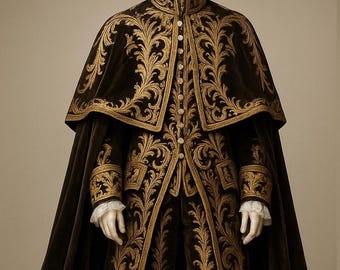 Puede incluir: Un traje de terciopelo marrón oscuro con bordados dorados. El atuendo incluye una capa larga, una chaqueta con botones y pantalones a juego. El bordado dorado presenta intrincados diseños florales, y las mangas tienen puños de encaje blanco.