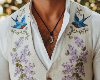 Geborduurd linnen herenhemd: blauw zwaluw en lila - Boho Wedding