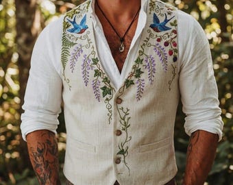 Boho-bruiloft heren geborduurd linnen