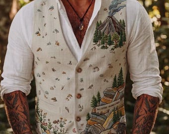 Geborduurd linnen herenvest Volcano & Forest Boho Wedding