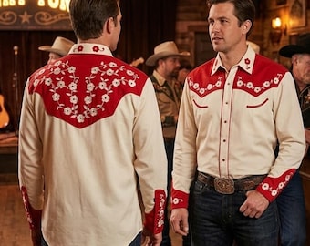 Camisa masculina bordada estilo western, top estilo cowboy/rodeio, roupa country/western, camisa unissex de luxo feita à mão para palco.