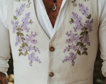Chaleco de lino bordado para hombre: Golondrina azul y lila - Boda bohemia