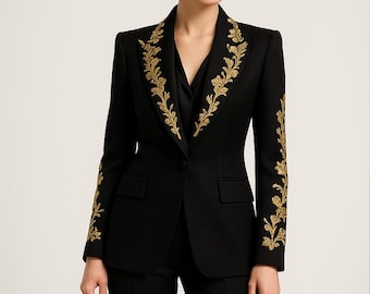 Custom Embroidered Black Cotton Blazer: Women's Formal Jacket