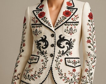 Ivory Embroidered 2pc Suit: Women's Cotton Blazer, Custom Made
