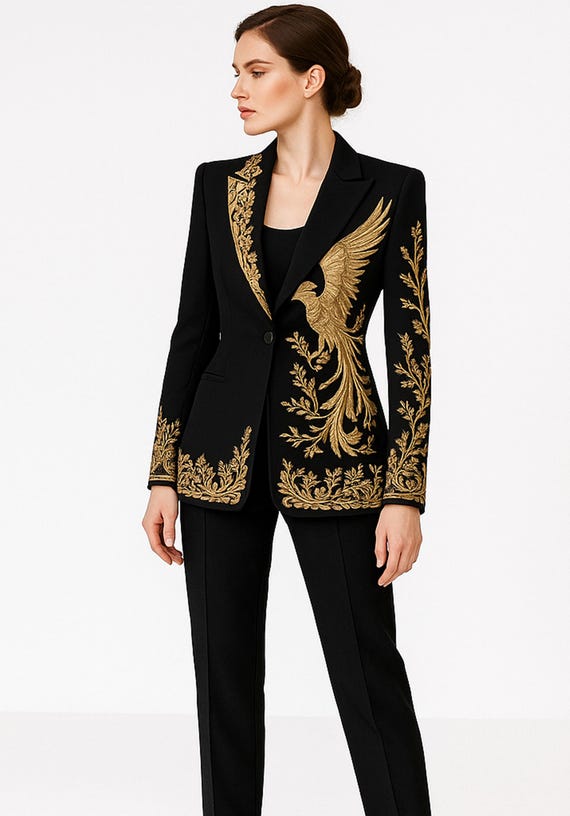 Embroidered Black Suit Jacket: Custom Made Cotton Blazer, Formal Occasion