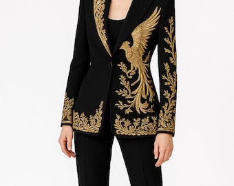 Geborduurd zwart colbert: op maat gemaakte katoenen blazer, formele gelegenheid