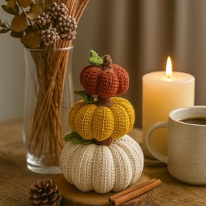 May include: A stack of three crocheted pumpkins in cream, yellow, and rust colors, with green leaf accents. A lit candle, a mug of coffee, and cinnamon sticks are nearby, creating a cozy autumn scene. A vase of dried flowers is in the background.