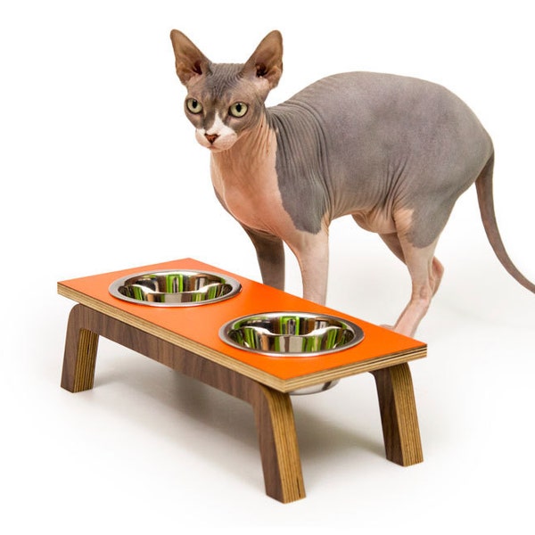 LAST ONE! ~ ORANGE ~ Mid Century Modern Pet Feeder | Elevated Cat & Dog Bowl | mcm Walnut Pet Dish | 16 oz Stainless Bowls