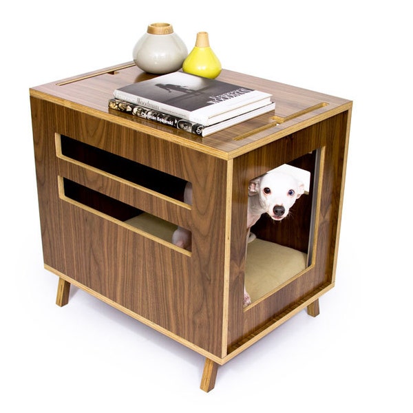 Mid Century Modern Dog Crate Furniture | Wooden Dog House | Fleece Lounge Pad | MCM Walnut Side Table | "Dwell Dog Crate"